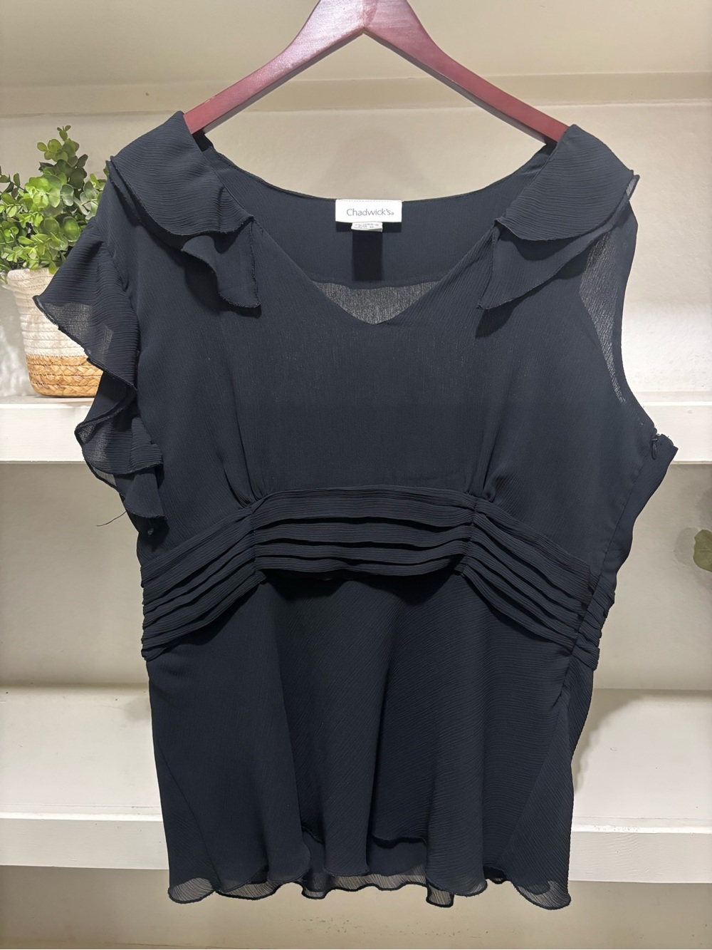 Chadwicks Black Ruffle-Shoulder Pleated Empire Blouse